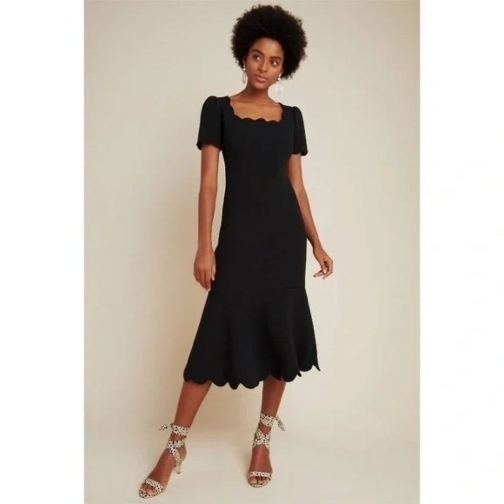 Anthropologie Shoshanna Mirandela Scallop-Edge Midnight Stretch Crepe Midi Dress